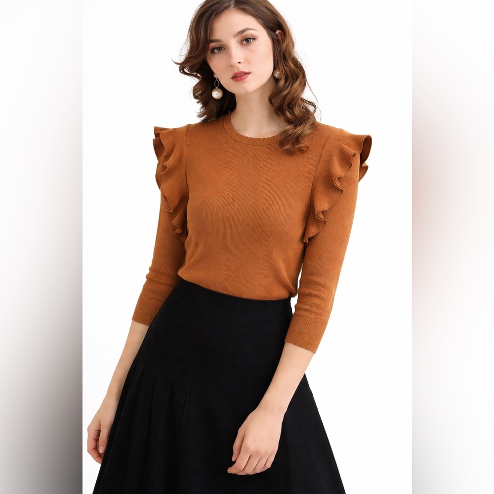Apparalel Ruffled Shoulder Long Sleeve Top Brown Size Small